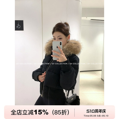 真狐狸毛领蓬松90绒羽绒短款加厚