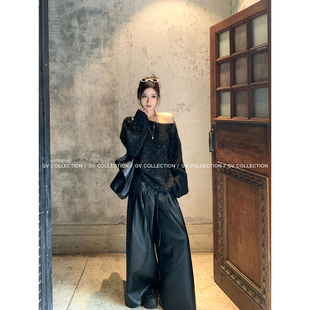 裤 GV大白哥 秋冬新款 肌理松弛阔腿仿羊皮抽绳拖地皮裤 子 失序松弛