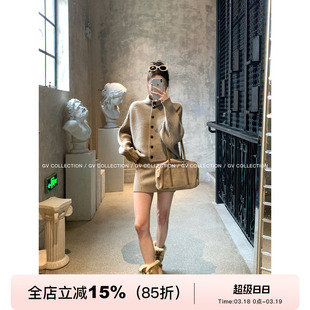 GV大白哥 伦敦画报 立领翻领棒针毛针织衫套装毛衣上衣半裙两件套