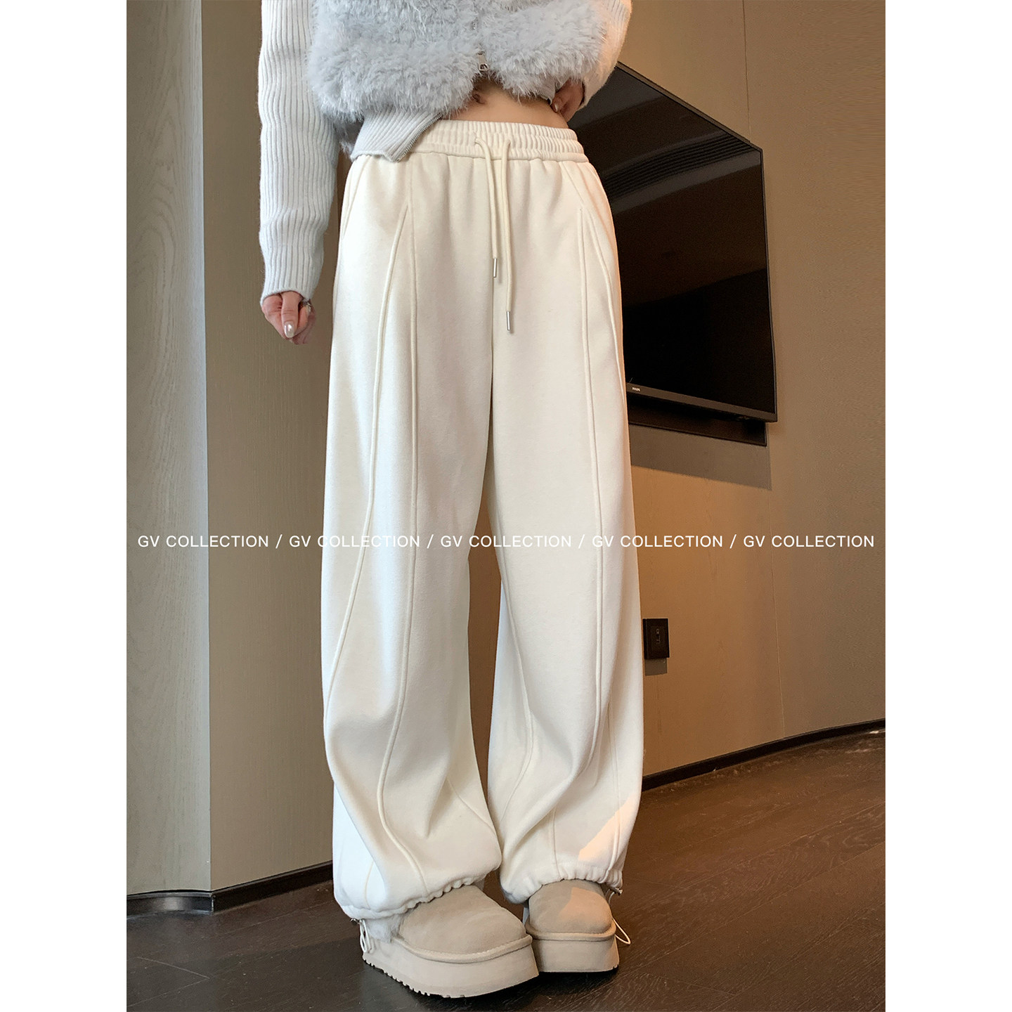 GV大白哥 本期必眼入 加绒解构竖线设计感抽绳卫裤新款百搭裤子女,女装/女士精品,卫裤,淘宝优惠券,粉丝福利购,淘宝优惠卷