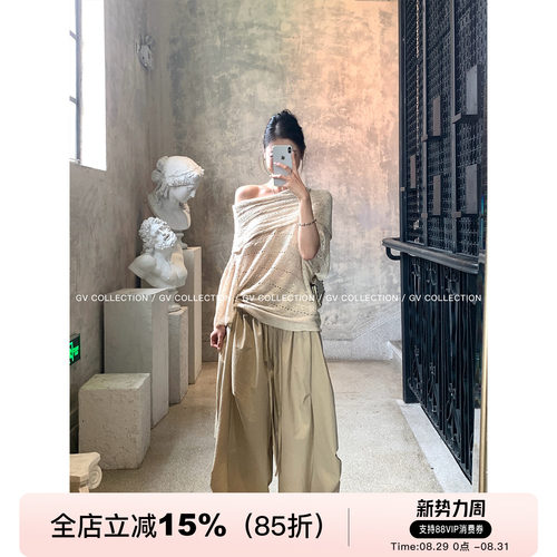 翻领露肩镂空微透针织亚麻上衣