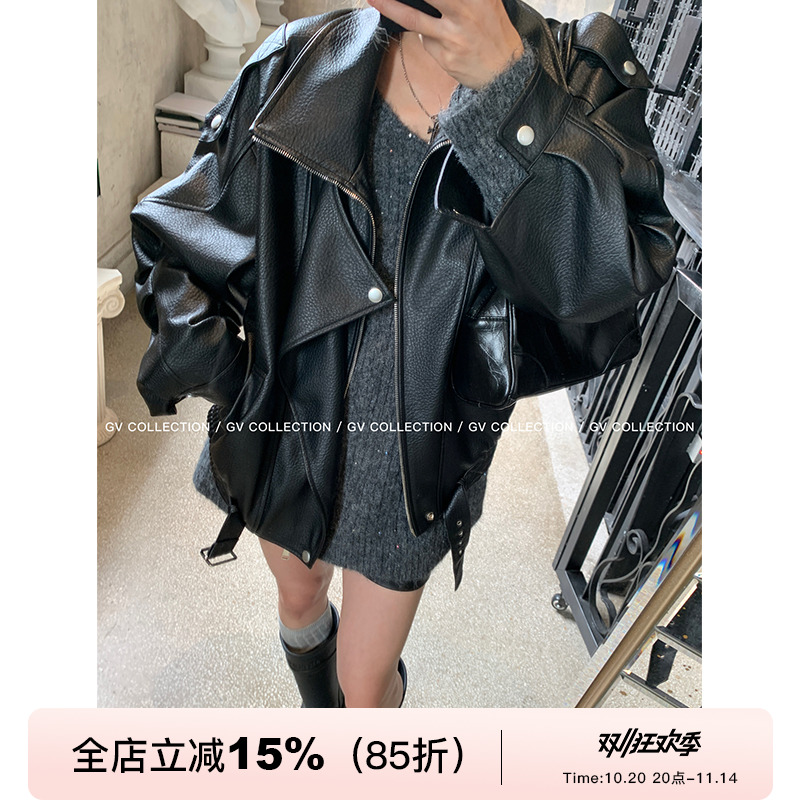 GV大白哥 独线匠心 质感J佳翻领廓形皮衣街头风简约外套上衣女