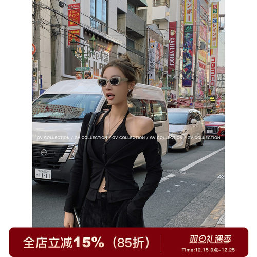 简约心机假两件挂脖上衣