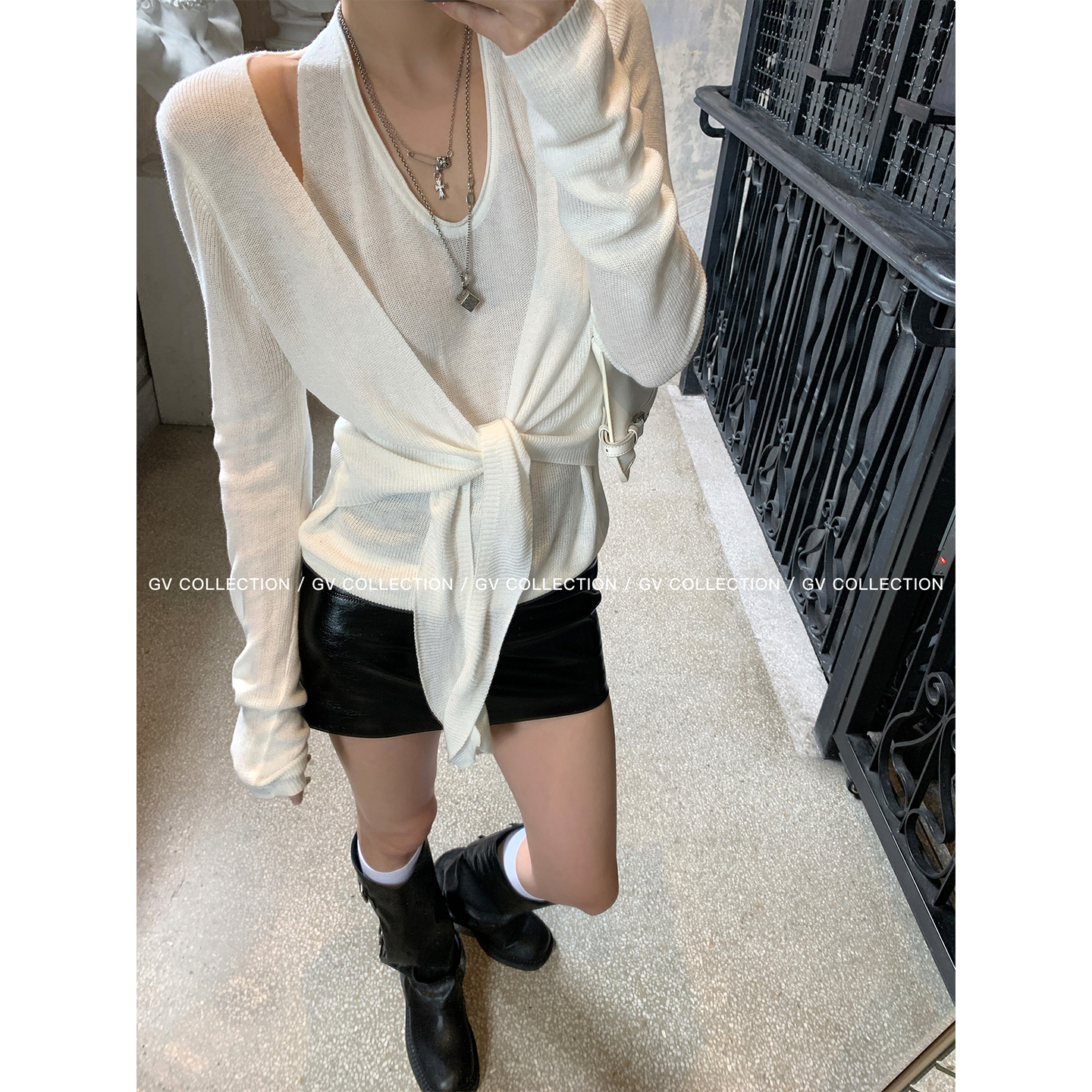 超绝纸片感假两件系腰针织上衣