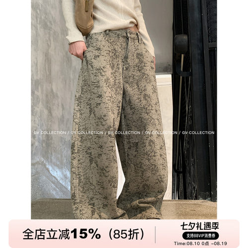 复古印花加绒加厚阔腿牛仔裤