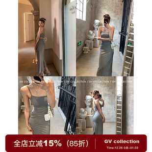开叉连衣裙小心机吊带长裙女夏 褶皱露背修身 GV大白哥 卡姐斩女系