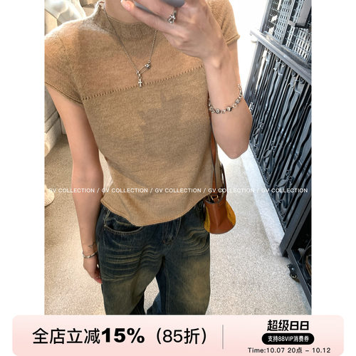 设计感中领羊毛针织短袖上衣