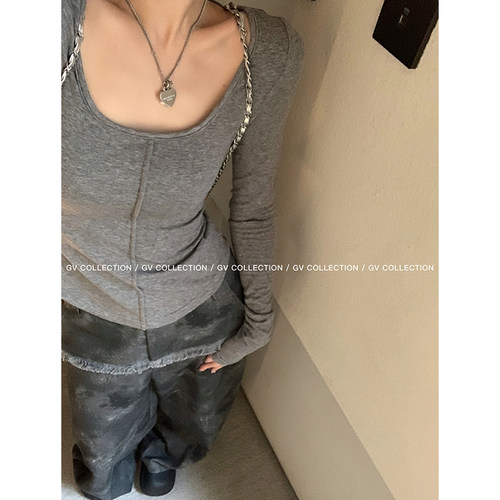 GV大白哥 天丝羊毛 基础系大领口立体中线打底T恤收腰长袖上衣女