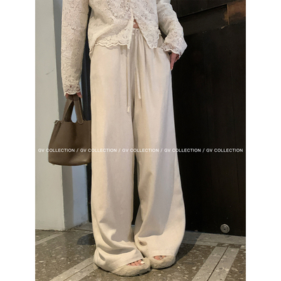 亚麻抽绳直筒松紧腰休闲裤