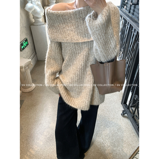 GV大白哥 油栗奶卷 羊毛露肩大翻领棒针廓形宽松毛衣冬季上衣女