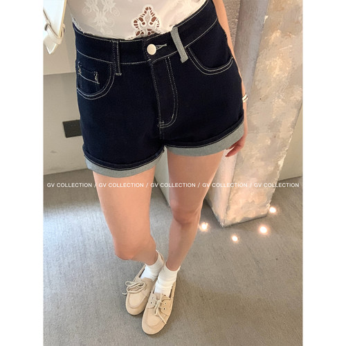 撞色设计感弹力牛仔短裤可翻边