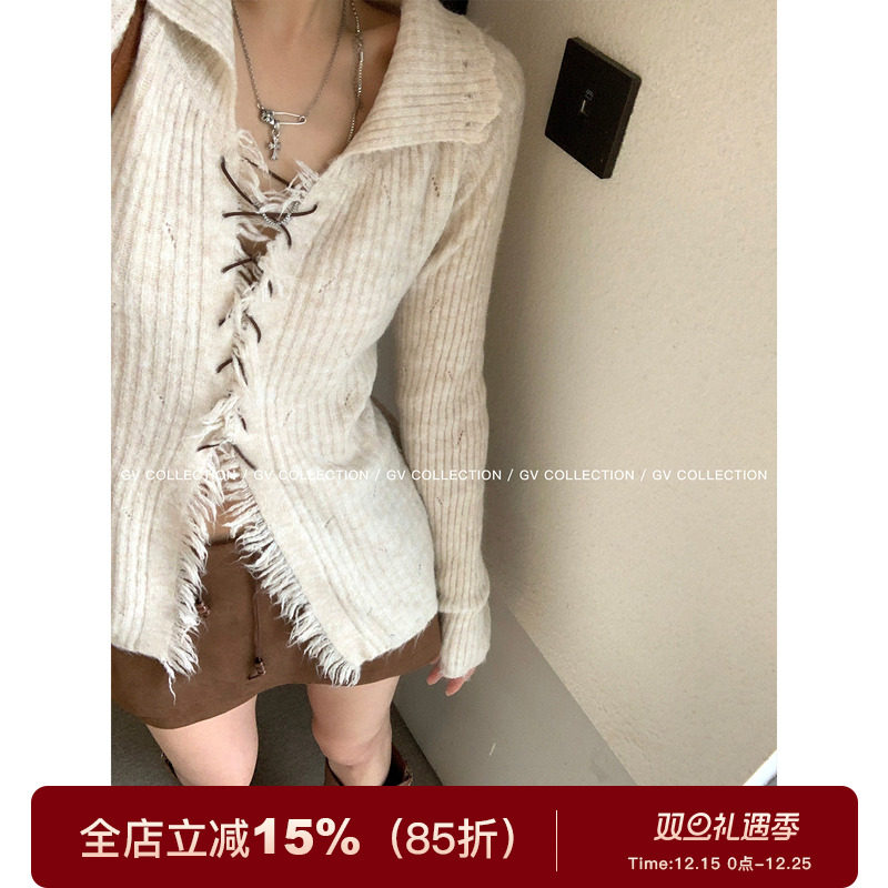 麂皮系带翻领复古针织上衣