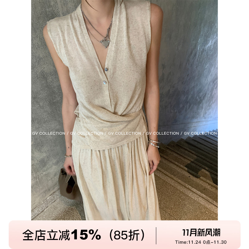 亚麻交叉设计背心半裙套装