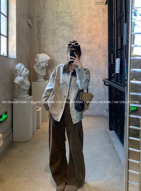 GV大白哥 质感VTG 浅色做旧水洗撞色领牛仔外套秋季新款上衣百搭