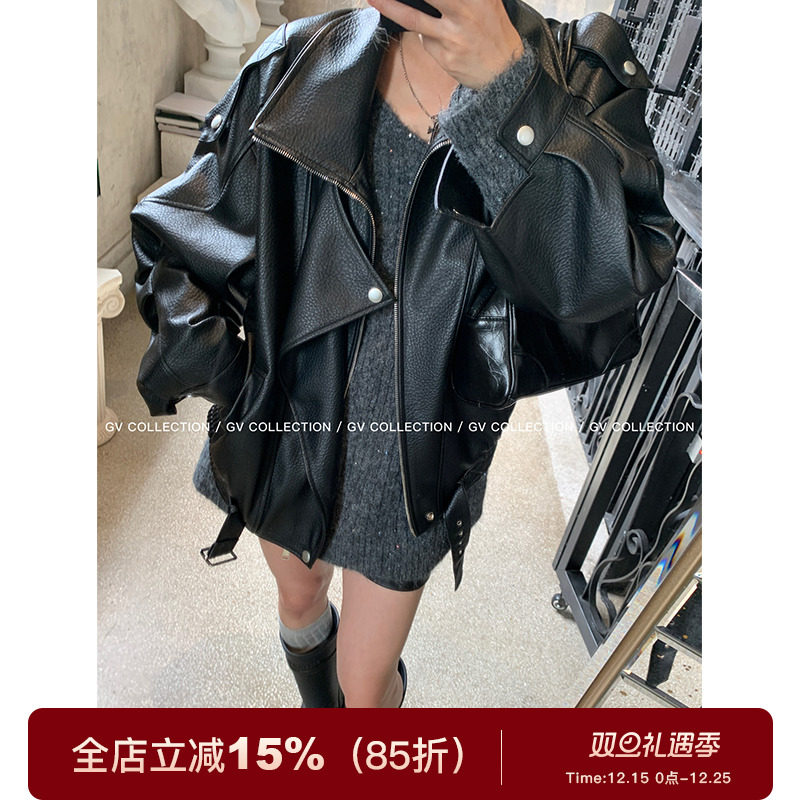 GV大白哥 独线匠心 质感J佳翻领廓形皮衣街头风简约外套上衣女