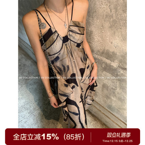 GV大白哥 中式油画 设计感国风晕染吊带连衣裙细肩带优雅长裙女