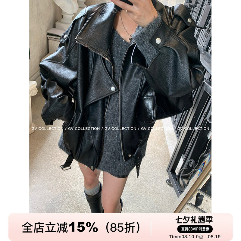 GV大白哥 独线匠心 质感J佳翻领廓形皮衣街头风简约外套上衣女