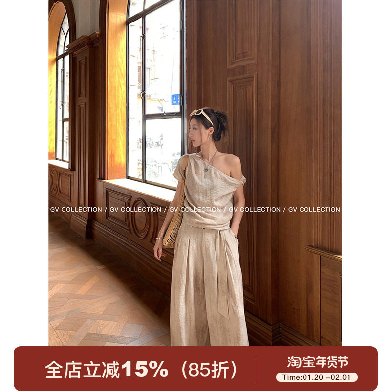 GV大白哥 私服工艺党 炒色斜肩短袖休闲T恤上衣阔腿休闲裤套装女,女装/女士精品,时尚套装,淘宝优惠券,粉丝福利购,淘宝优惠卷