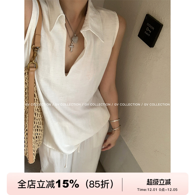 GV大白哥 老钱taste 白色翻领v领无袖上衣衬衫长裤简约棉麻套装女