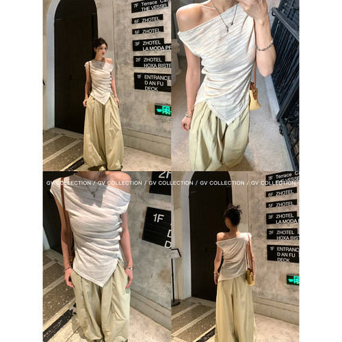 斜肩亚麻微透肌理感褶皱收腰T恤