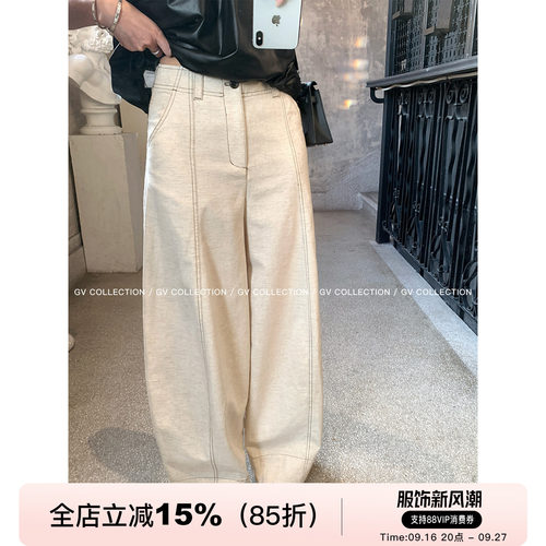棉麻莱赛尔立体缝线直筒休闲裤