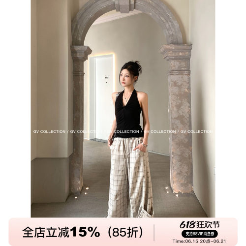 格纹柔软直筒设计感轻薄休闲裤