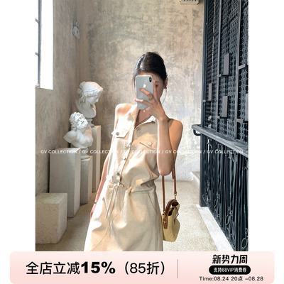 polo领苎麻削肩系带收腰连衣裙