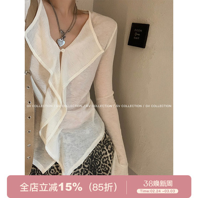 翻领荷叶微透轻薄上衣开衫