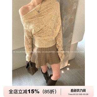 新款 蕾丝露肩褶皱收腰上衣春季 百搭女 香氛甜茶 GV大白哥