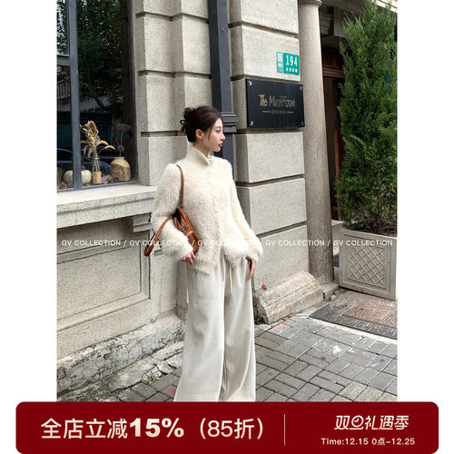 水貂绒短款纽扣立领毛衣上衣