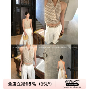 GV大白哥 极简西海岸 挂脖收腰系带露背格纹上衣背心夏季新款百搭