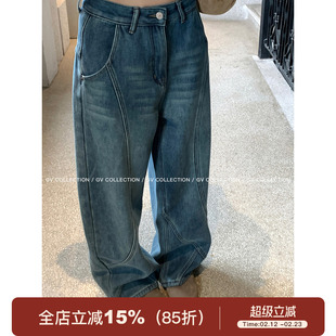 GV大白哥 解构冬日 加绒加厚复古美式水洗浅蓝立体线条弯刀牛仔裤
