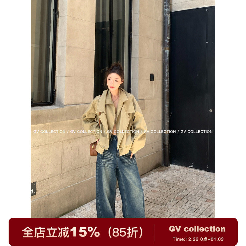 水洗卡其复古短款牛仔外套