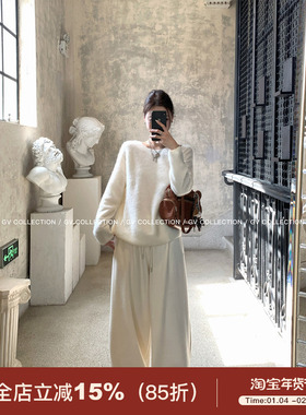 GV大白哥 静奢纯羊毛 100羊毛长拉绒圆领宽松毛衣冬季新款上衣女