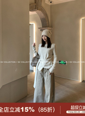 GV大白哥 极简设计 侧结收腰圆领绒绒针织上衣秋冬新款百搭显瘦女
