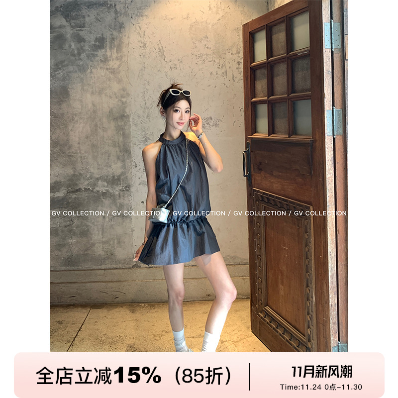 贵感光泽削肩抽绳无袖上衣