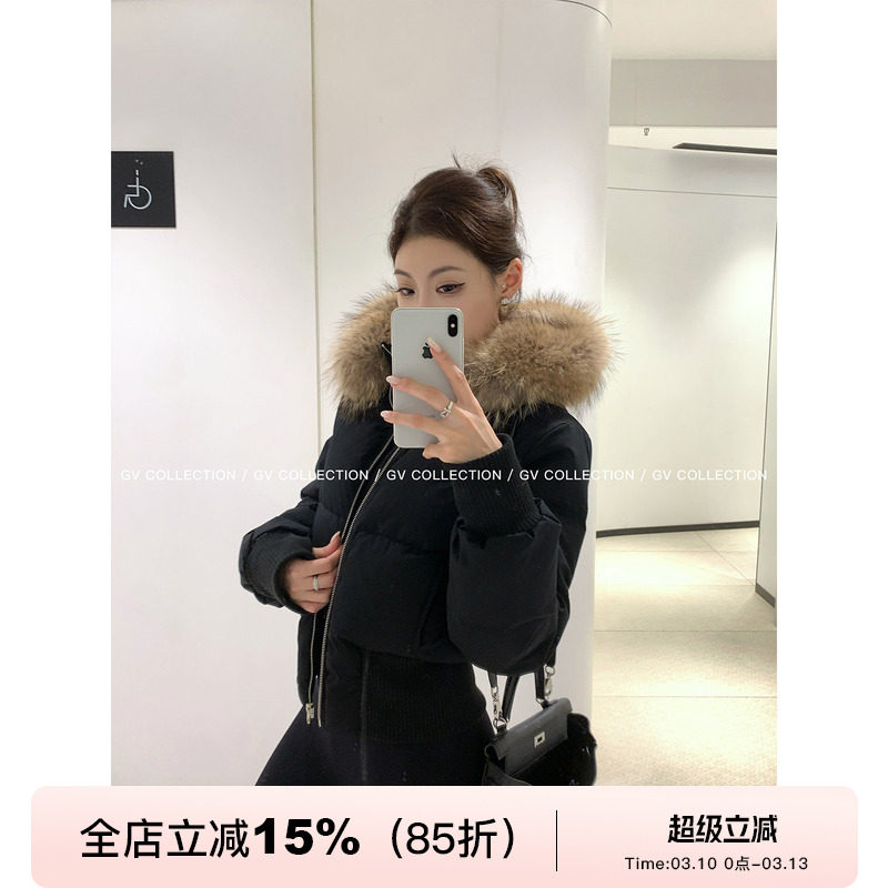 GV大白哥 深冬肯豆 真狐狸毛领蓬松90绒羽绒短款加厚上衣女