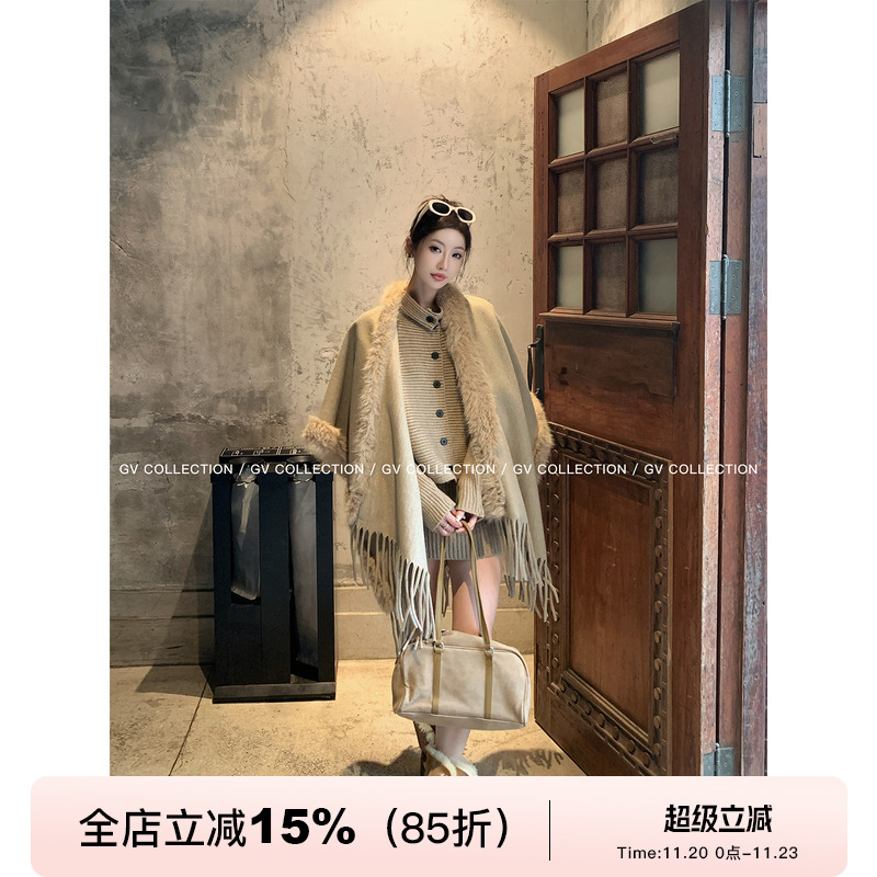 毛呢流苏环保狐狸毛大披肩