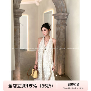 GV大白哥 Unworldly孤寂风 重工双层立体刺绣v领度假系挂脖连衣裙
