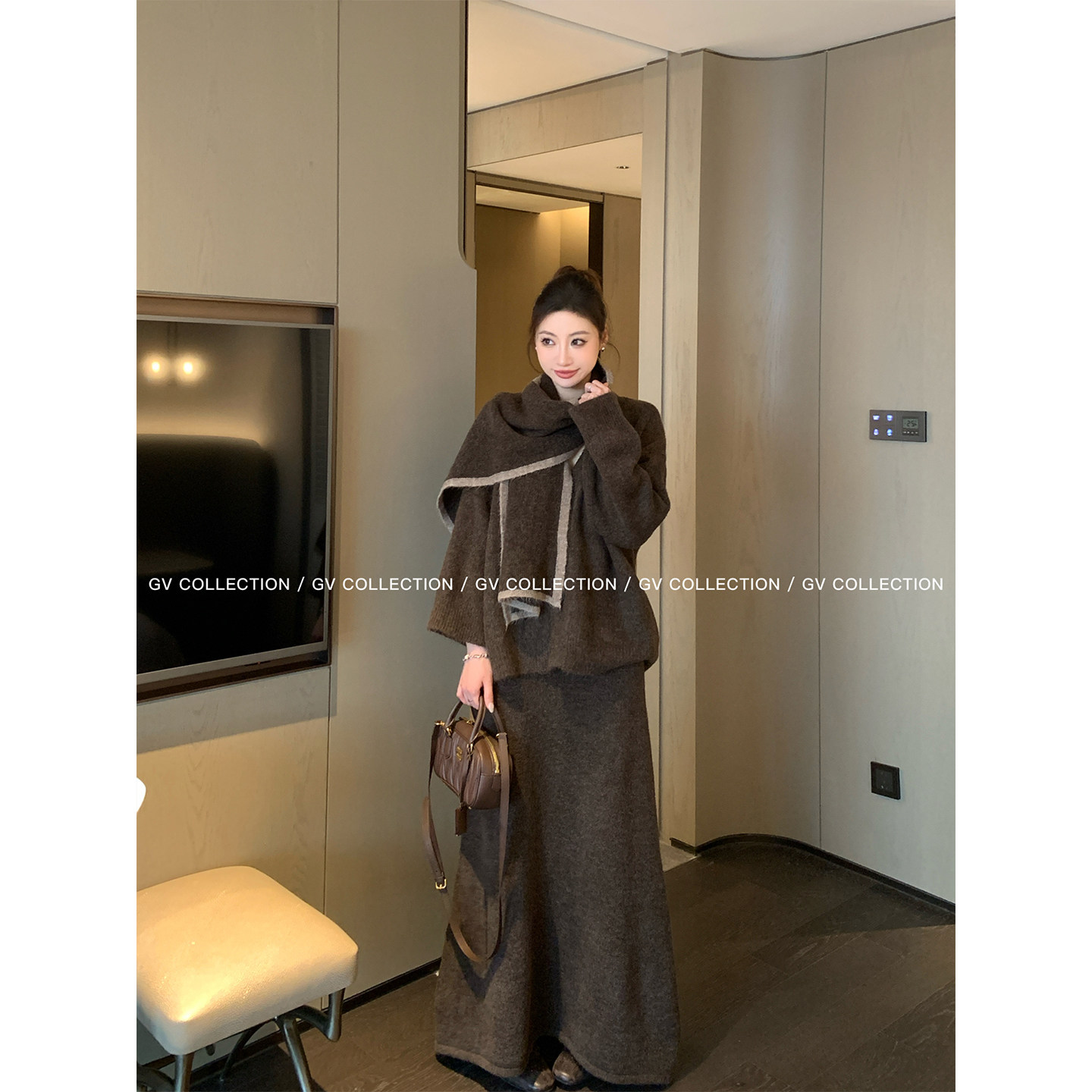 GV大白哥 枫棕落日 带围巾V领针织毛衣开衫半身裙套装春季新款女,女装/女士精品,时尚套装,淘宝优惠券,粉丝福利购,淘宝优惠卷