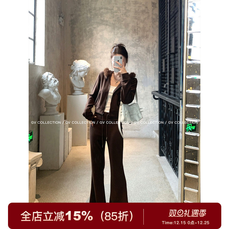 毛领连帽磨毛修身休闲套装