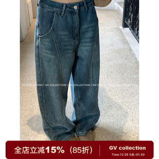 水洗浅蓝立体线条弯刀牛仔裤 加绒加厚复古美式 解构冬日 GV大白哥