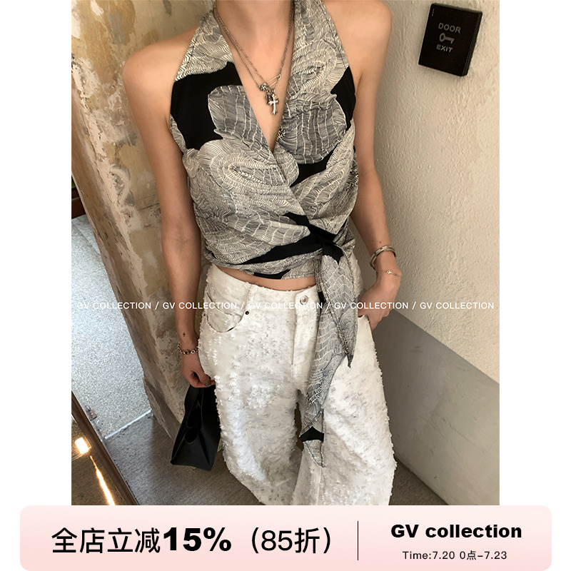 GV大白哥 小众VTG 收腰图案V领侧打结上衣背心设计感夏季新款女