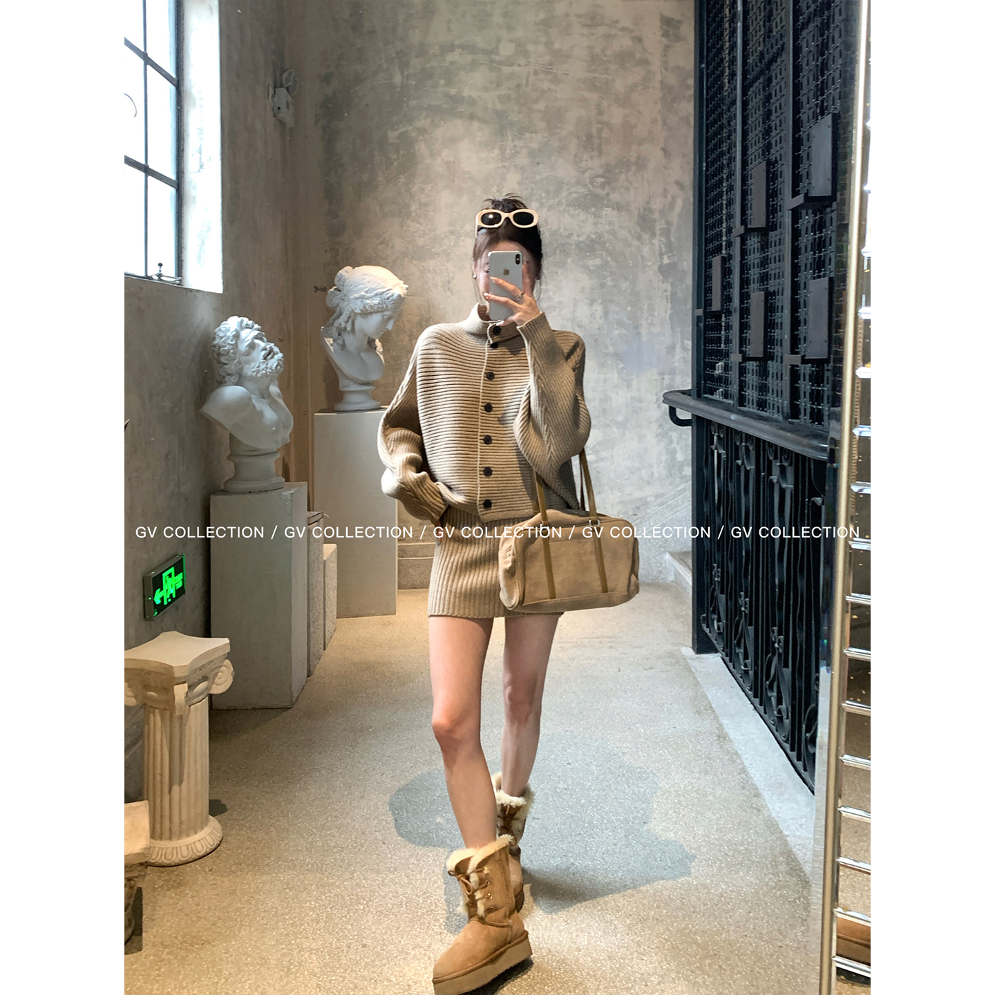 伦敦画报立领翻领棒针针织套装