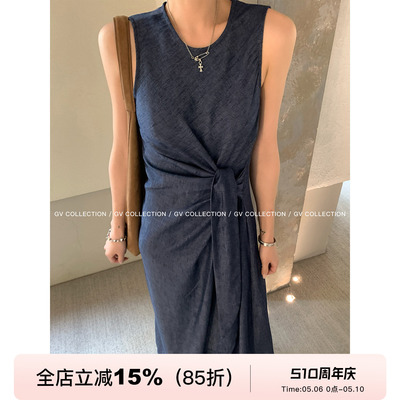 天丝牛仔圆领立体打结收腰连衣裙