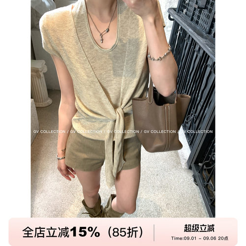 美丽诺羊毛假两件打结短袖上衣