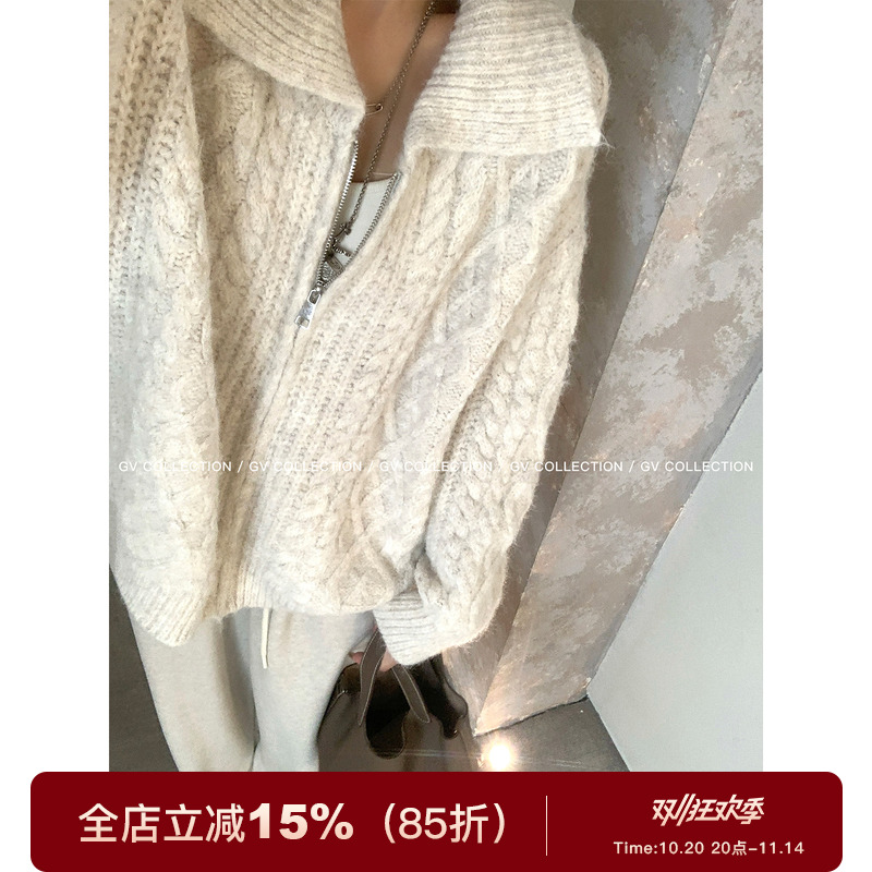 翻领羊毛麻花拉链毛衣开衫