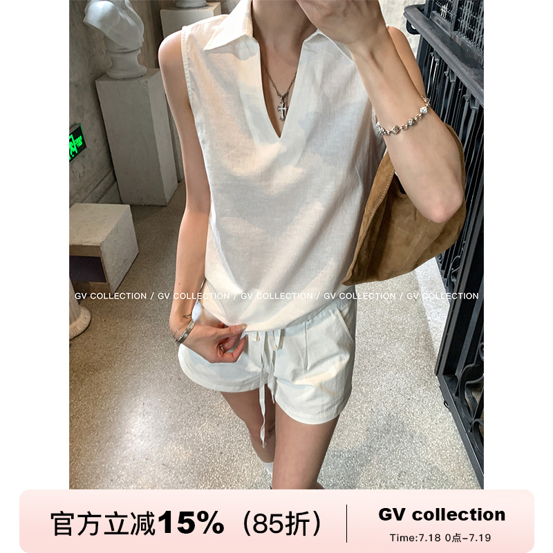 棉麻老钱简约v领无袖衬衫上衣
