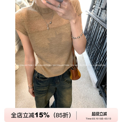 设计感中领羊毛针织短袖上衣