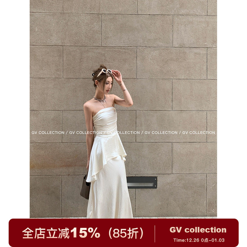 GV大白哥 奢简氛围 缎面腰部皱褶收腰抹胸光泽感半身裙人鱼姬套装